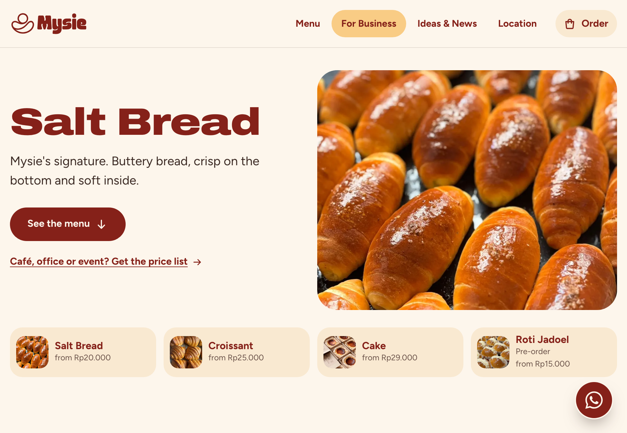 Website bakery dengan pemesanan WhatsApp untuk Mysie Bakery